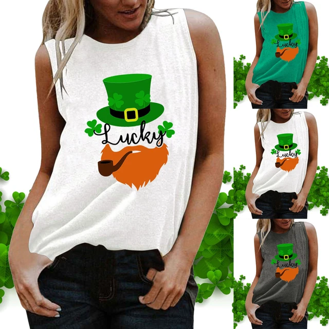 Womens St. Patrick's Day Print Tee Sleeveless Round Neck T-shirt Vest Tee