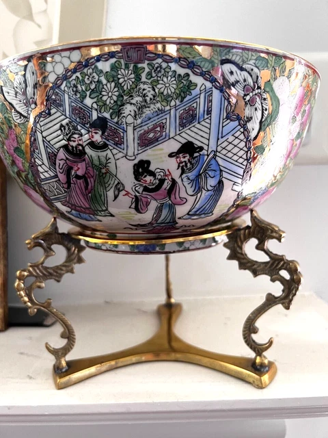 Vintage Hand Painted Famille Rose LARGE BOWL W/ Dragon BRASS STAND