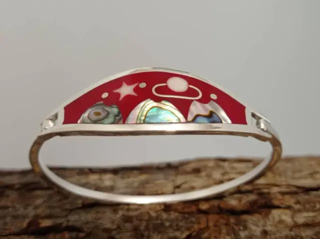 Abalone inlay moon and saturn bracelet, Silver plated celestial bracelet, red br