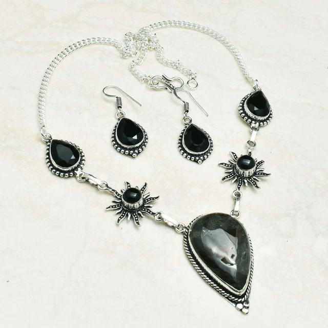 Dragon Blood Agate Black Onyx Handmade Necklace+Earning Jewelry 32 Gms AN 39154