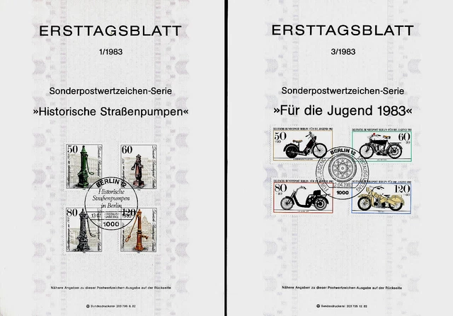 2 Ersttagsblätter Berlin " Straßenpumpen / Motorräder " ;Mi.-Nr: 689/92 , 694/97