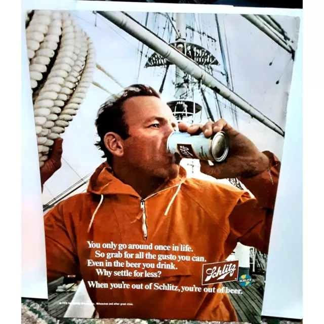 1970 Schlitz Beer Man On Boat Original Print Ad Vintage