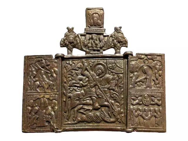 Rare Antique Russian Orthodox Bronze Triptych - George The Dragon Slayer