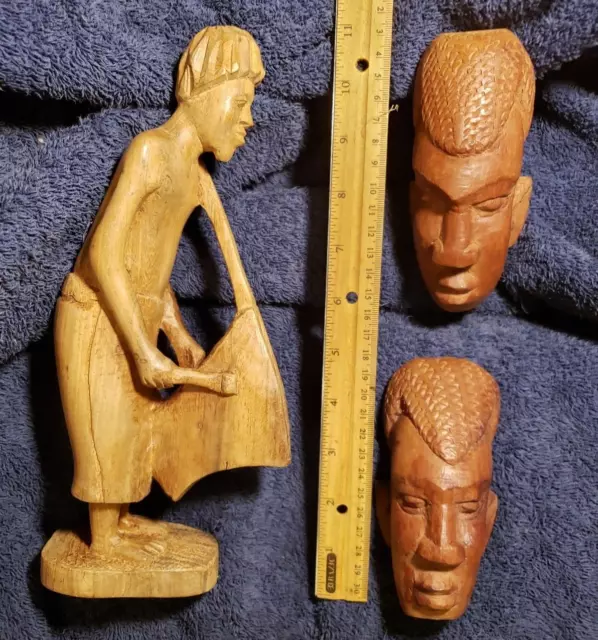 Vtg AFRICAN ART Hand-carved WOODEN WALL HANGING FACES Mask Pair WOOD FIGURE LOT