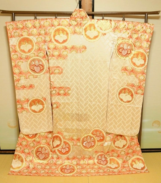 Furisode Silk Kimono Women Japanese vintage Wedding Robe 166cm Long /744