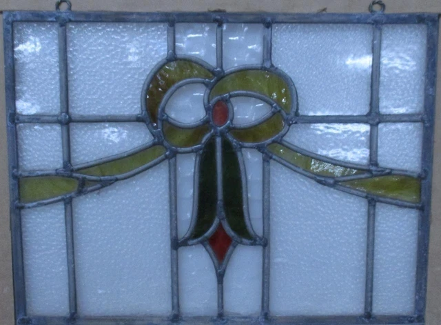 OLD ENGLISH STAINED GLASS WINDOW Unframed w Hooks Cute Bow 16.5" x 12.75"