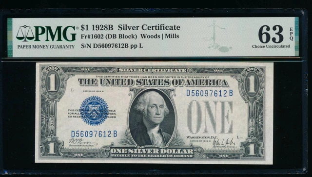 AC 1928B $1 Silver Certificate PMG 63 EPQ D-B block UNC  Fr 1602!!!