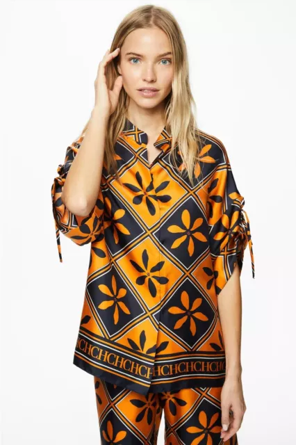 Carolina Herrera Geometric Pirnt Silk Oversize Top, Navy/Orange