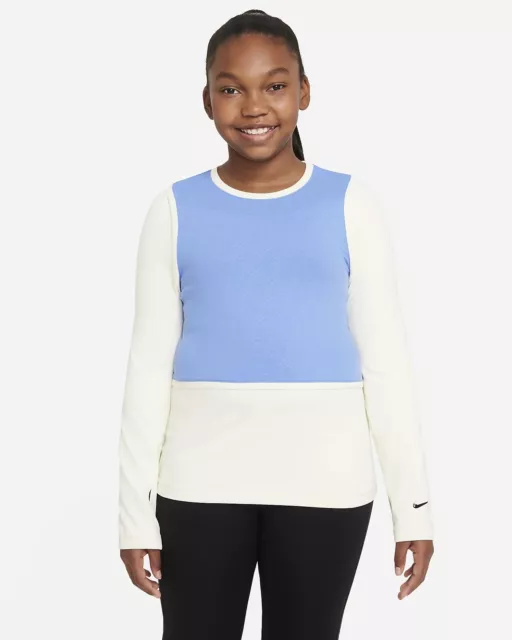 Nike Girls Pro Dri Fit Training Long Sleeve Top Blue Cream Shirt Youth Kids XL