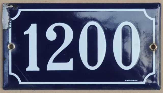 Large old blue French house number 1200 door gate plate plaque enamel metal sign