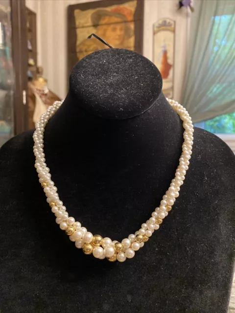 vintage Napier Faux pearl and gold tone bead twisted Strand ￼necklace