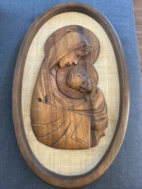 Madonna & Child Virgin Mother Mary Jesus Vintage Wood Wall Plaque Sculpture