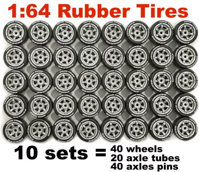 1:64 Rubber Tires - 6-Spoke Silver 11mm - fit Hot Wheels Matchbox cars - 10 sets