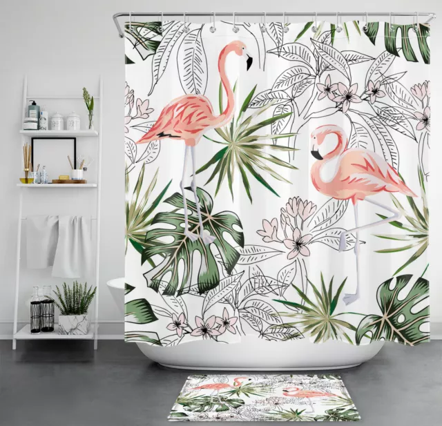 Tropical Green Leaf Flamingo Pink Floral Shower Curtain Set for Bathroom Decor