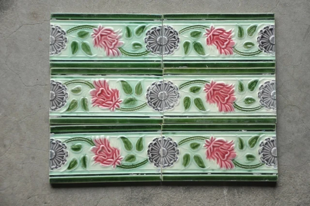 6Pc Vintage Majolica Decorative Flower Vine Art Nouveau Architecture Tiles,Japan
