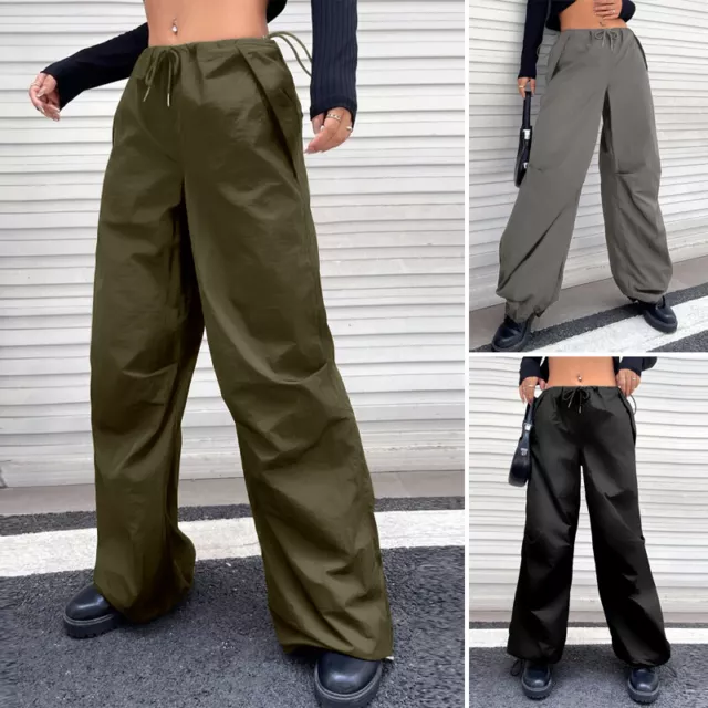 UK Stock Women Cargo Combat Work Wide-Leg Trousers Ladies Loose Tie Waist Pants