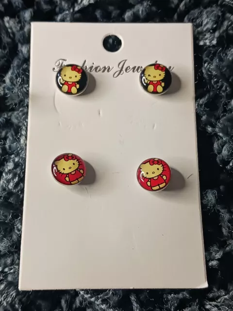 HELLO KITTY STAINLESS STEEL POST EARRINGS  8mm Cute Girls 2 Pair Studs NEW