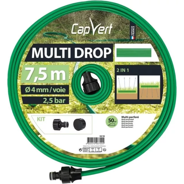 Kit raccord + tuyau perforé arrosage pluie fine 7.5M - 50m² Multi drop CAP VERT