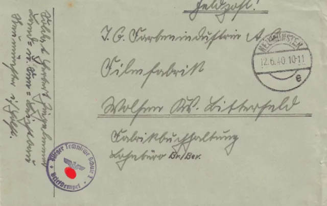 12. 2.WK Feldpost Flieger Schule 2 Neumünster an IG Farben Wolfen Militaria