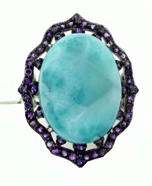 GENUINE 18.92 Cts LARIMAR & AMETHYST RING .925 Sterling Silver * New With Tag *