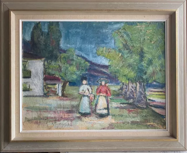 Oil Painting Undeutl. Sign Two Women at The Flowers Collecting With Finca