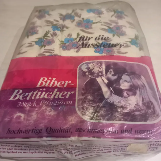 2 Betttücher Bettlaken Biber Aussteuer Bettwäsche Blumen retro vintage NEU