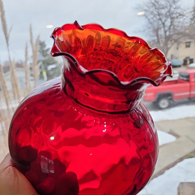 Vintage Ruby Red  Optic Glass Hurricane Parlor Lamp Shade Ruffled Edge 6.75"