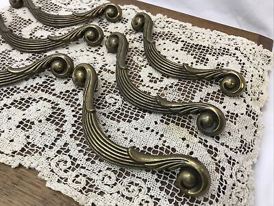 6 Vtg Art Deco Mid Century Brass Drawer Pulls Ornate Swirls Dresser Handle Set