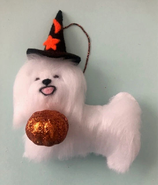 Maltese Terrier  Halloween Witch / Pumpkin - Part Needle Felted Dog