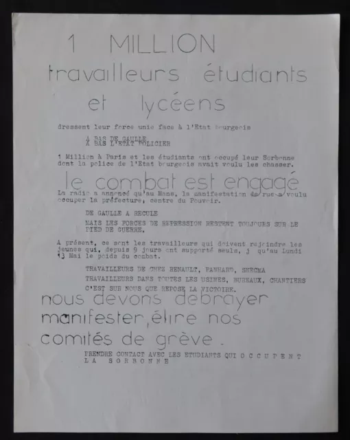 Tract original mai 68 1 MILLION DE TRAVAILLEURS ETUDIANTS ET LYCEENS Sorbonne