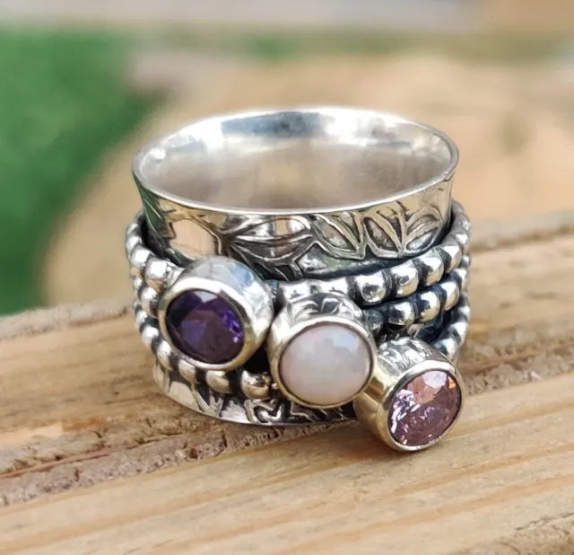 Amethyst Opal & Rose Quartz Spinner Ring 925 Sterling Silver All Size MO441