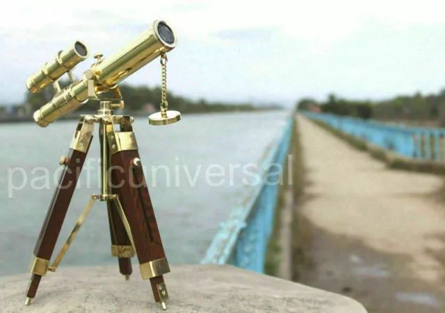 Nautical Marine Mini Double Barrel Brass Telescope With Wooden