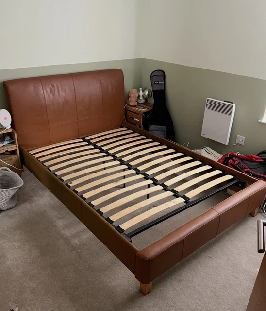 BROWN LEATHER DOUBLE Bed Frame, Wooden Slatted Base & Headboard £10.80 ...