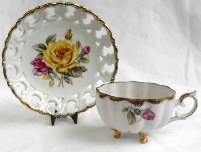 vintage Cherry China of Japan TEACUP, Reticulated Saucer, Yellow Rose, Gold Trim