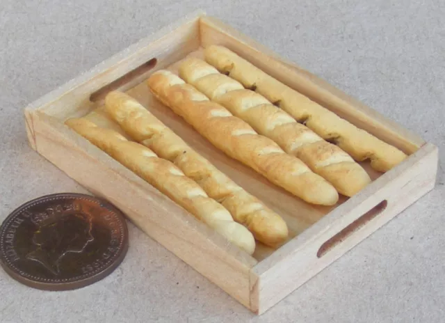 5 Loose French Sticks In A Wooden Tray Tumdee 1:12 Scale Dolls House Bread