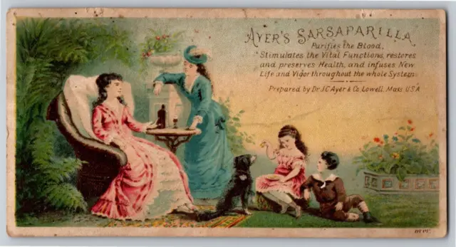 Ayer's Sarsaparilla Victorian Trade Card Women Relax Outdoors w/ Kids & Dog