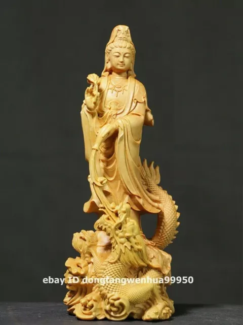 Chinese Lobular boxwood wood Avalokitesvara Dragon Guanyin Bodhisattva sculpture