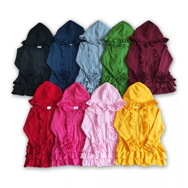 Girls Solid Colorful Ruffle Jacket Zip Hoodie