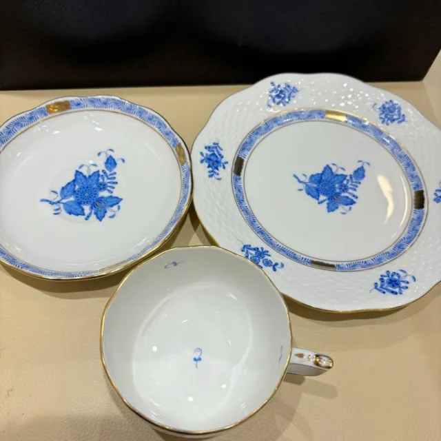 Herend Apponyi Flower Blue Cup Saucer Plate 19cm Trio Set Chinese Bouquet 2