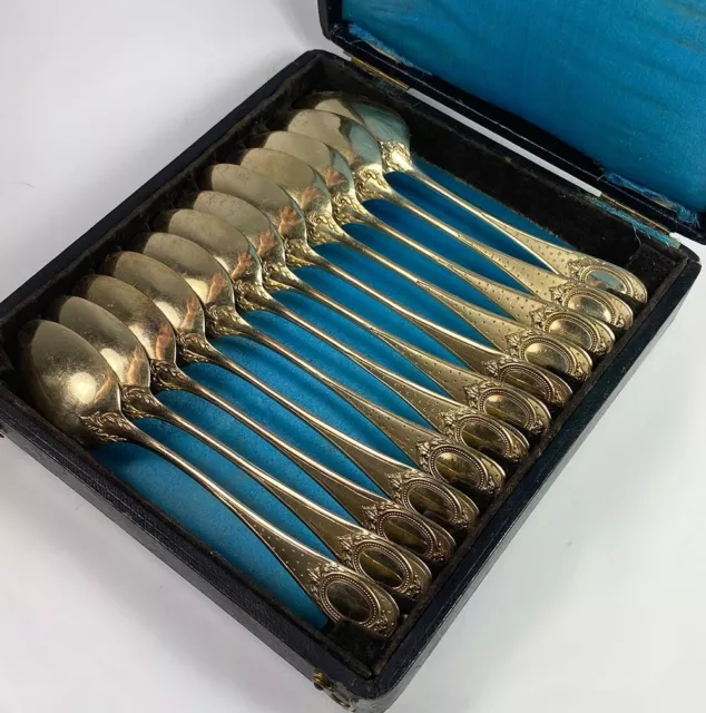 Set of 12 Henin & Cie (Co) French Sterling Silver & 18k Gold Vermeil Spoons, Box