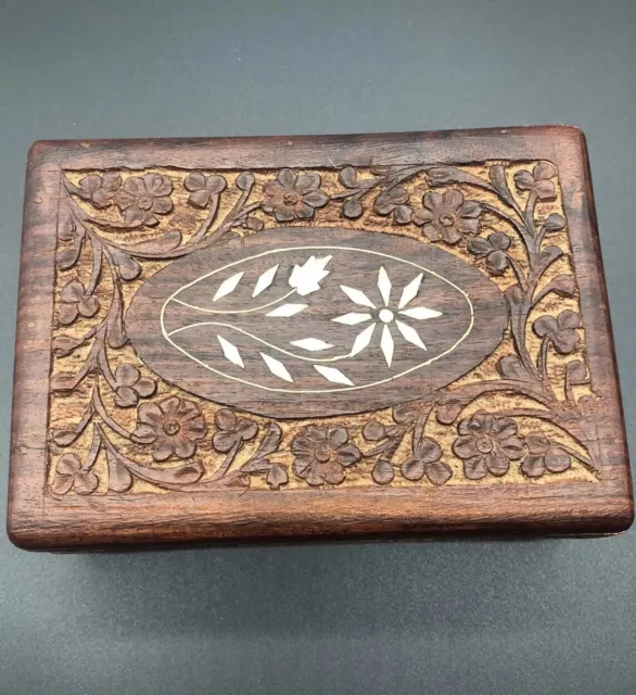 Vintage Hand Carved Floral Pearl Inlay Wooden Trinket Jewelry Box. Felt Lined.