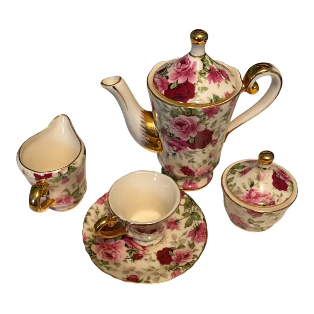 Miniature Tea Set, Pink Rose Chintz, Ivory and Gold