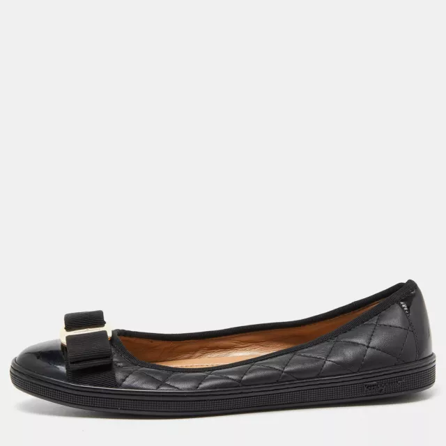 Salvatore Ferragamo Black Quilted Leather and Patent Varina Ballet Flats