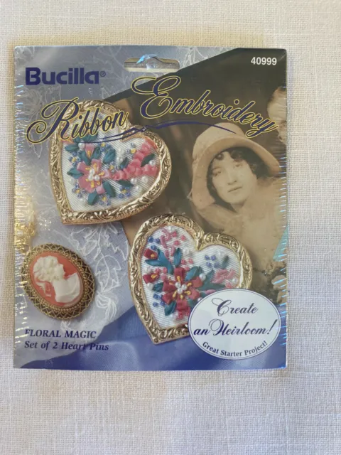 Bucilla Ribbon Embroidery Kit Floral Magic Heart Shaped Pins #40999