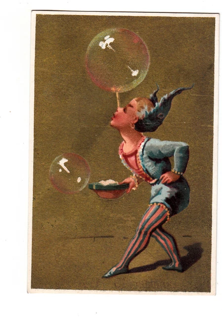 Jester in Tights Balancing Bubbles on Nose No Advertising Vict Card c1880s