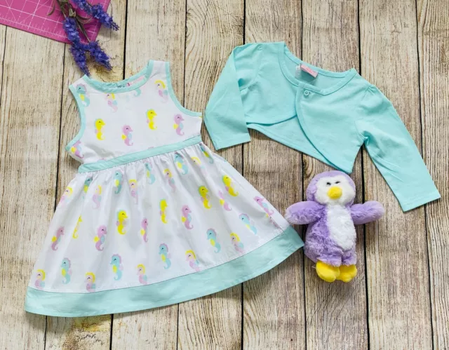 Girls Sleeveless Summer Dress Seahorse Design with Bolero Cardigan | 6-24 months