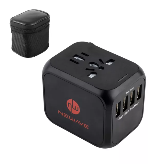 NEWAVE 4 Port USB-A 3.4A Smart Universal International Travel Adapter Charger Bk