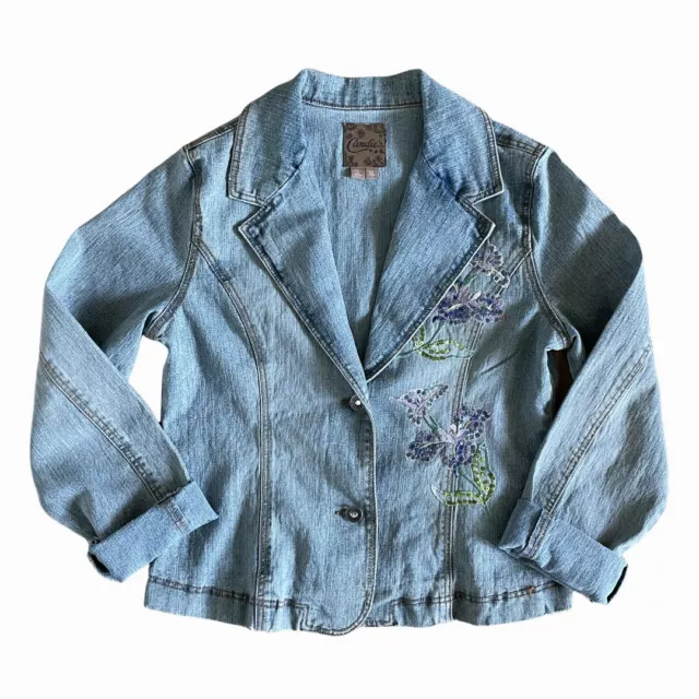 Y2K CANDIES Denim Jean Jacket Blazer Juniors L XL Vintage Floral Embroidered