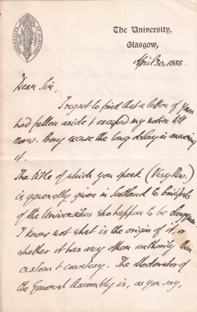 1888 2pg letter from John Caird, Principal of the University of Glasgow  OF