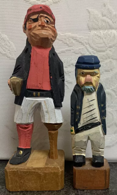 Vintage Wood Hand Carved Folk Art Peg leg Pirate(8”) & Sailor(6”) Figures